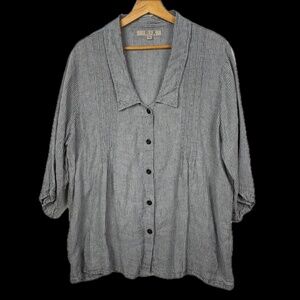 Flax Women V-Neck Collared ButtonDown Linen Top Sz L Blue Lagenlook Coast Beach